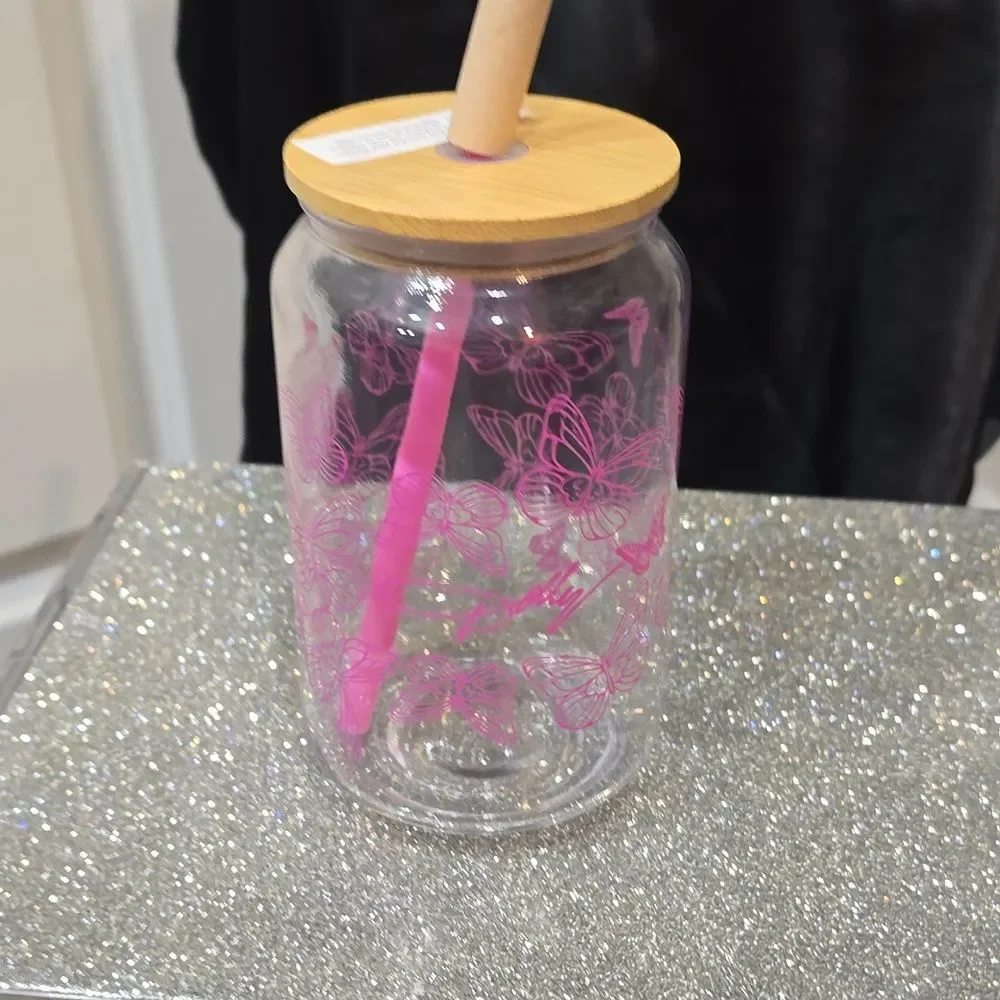 Dolly Parton Script‎ Butterfly Glass Jar w/Straw- Pink